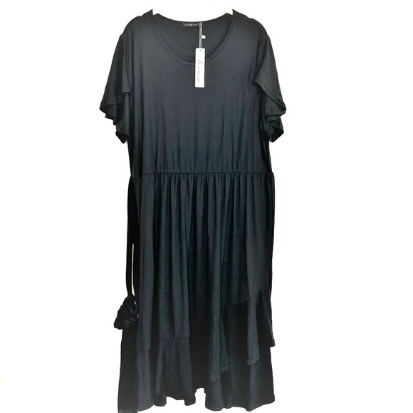 Levaca Womens Black Maxi Dress XL Tulip Hem Flutter Sleeves Belt - Picture 1 of 6